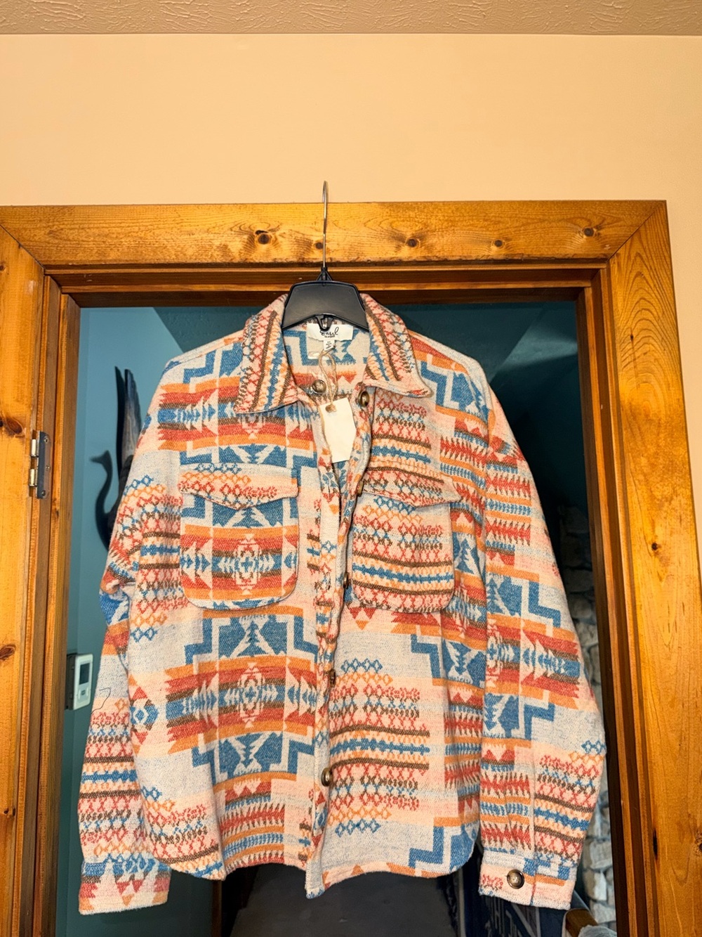 Easel Aztec Pattern Button-Up Shirt Jacket - Blue & Orange